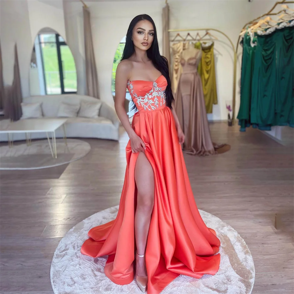 

Lily Orange A Line Chic Woman Evening Dress Gown Beading Sequin Ball Gown Stain Night Dresses with Slit Gown robes de soirée