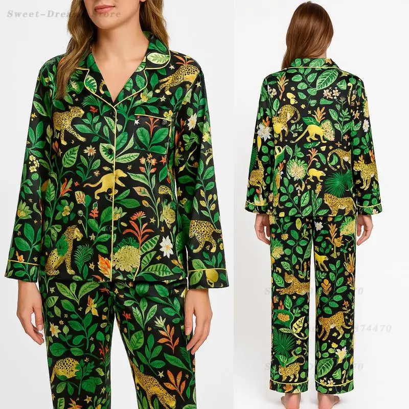 

Леопардовая рубашка и брюки, пижамный комплект из 2 предметов, атласная одежда для дома, свободная повседневная одежда для сна, женская роскошная весенне-осенняя новая домашняя одежда
