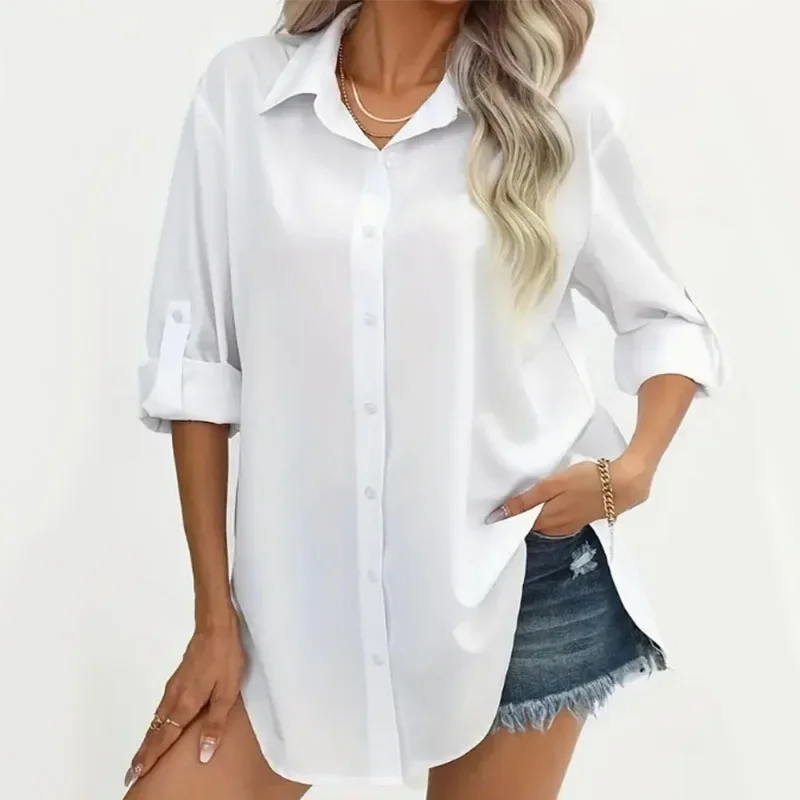 Camisas de manga larga para mujer, blusas holgadas informales de Color liso con cuello vuelto, Tops de botonadura única, primavera y otoño, 2024