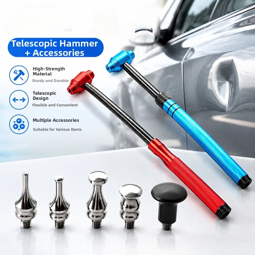 Paintless Dent Repair Tool with Telescopic Shaft up to 37.5cm and 5 Replaceable Tips for Auto Body Panel Restoration