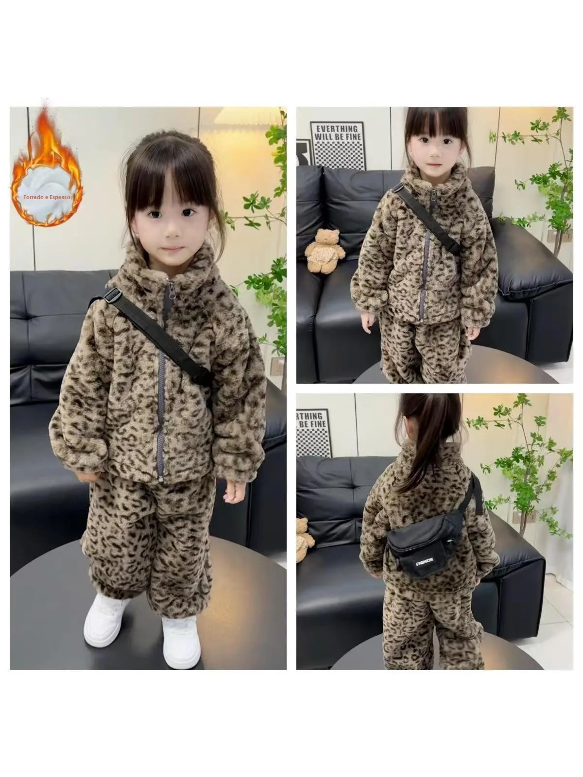 thickened-faux-rabbit-fur-coat-leopard-print-two-piece-set-for-girls-children's-clothing-polyester-fiber-winter-outfit