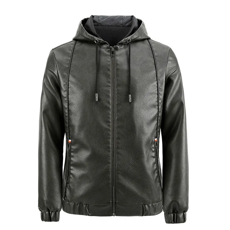 Men's Jacket PU Leather Hooded Drawstring Slim Fit Motorcycle Casual Jacket