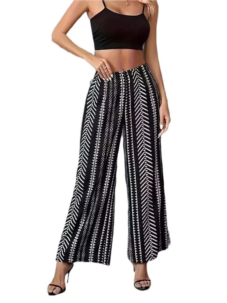 2025 Trendy Pants Autumn Printed High Waist Wide Leg Trousers For Ladies Vintage Style Commuting Pantalones De Mujer Streetwear