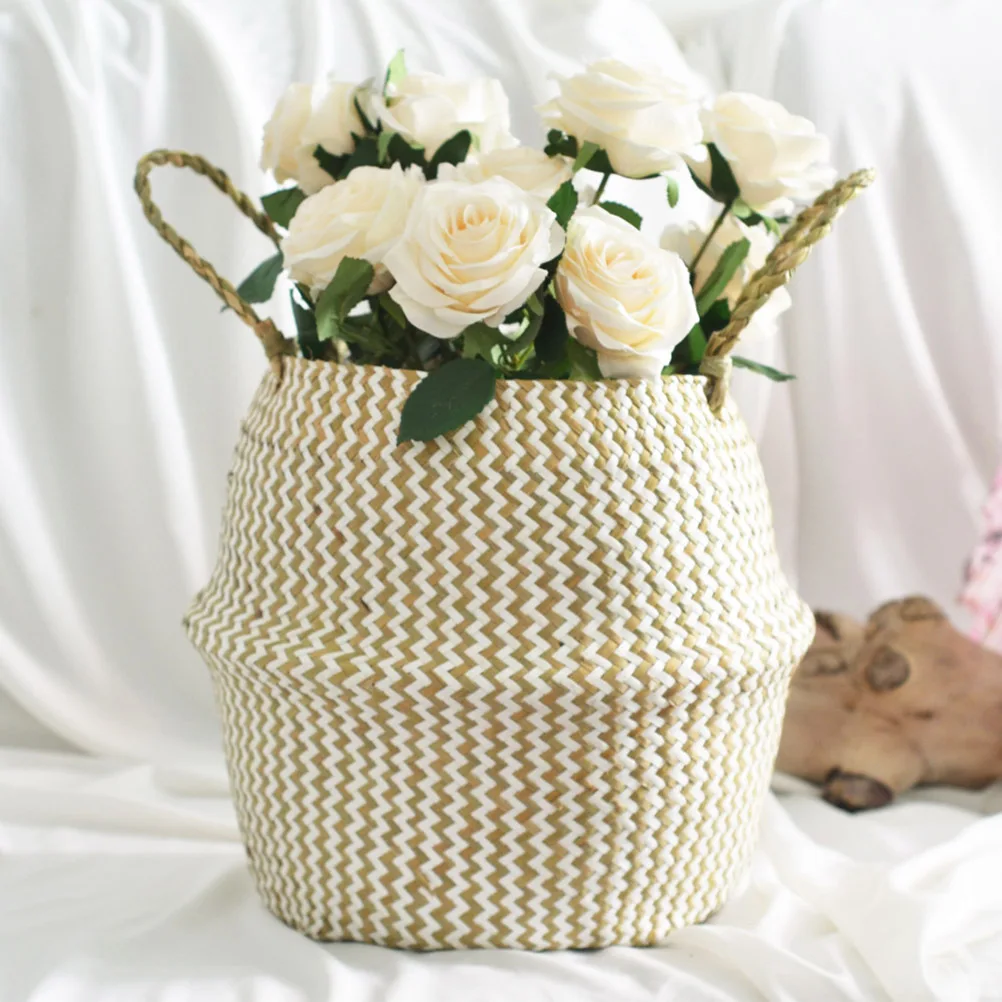 

Laundry Storage Basket Foldable Straw Cloth Storage Dirty Clothes Sundries Room Organizer White Grid Size L Laundry Basket