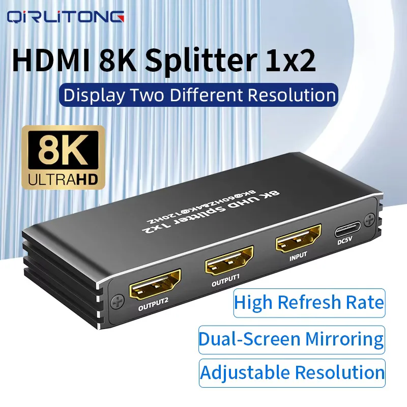 QiRT 8K HDMI Splitter 1 In 2 Out 8K 60Hz 4K 120Hz Support Dolby Vision Atmos ALLM HDR UHD VRR for PS5/4 XBox to TV