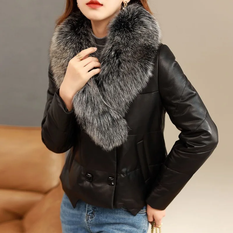 Faux Fox Pelz Pu Lederjacke für Frauen, lässiger loser kurzer Daunen mantel, dicker warmer Mantel, weibliche Mode, neu, Winter, 2024