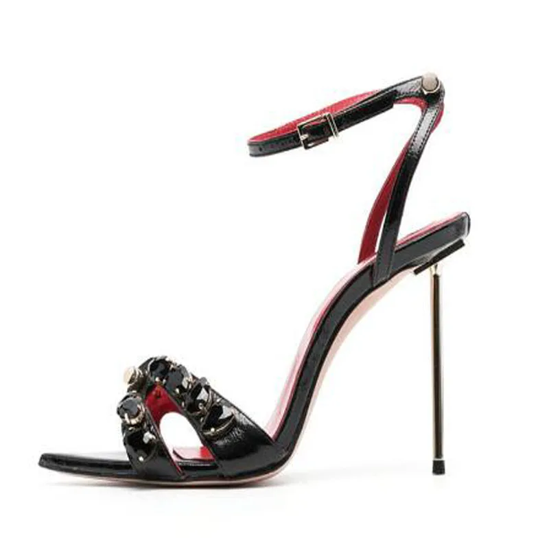 Sexy Women Luxury Black White Hot Pink Green Leather Bling Crystal Rhinestone Diamond Pointed Open Toe Nail Thin Heels Sandals