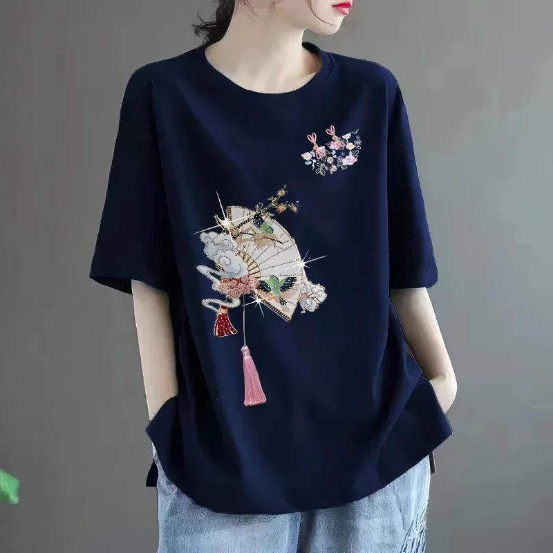 Women's Solid O-Neck Short Sleep Loose Chinese Style Pullovers Fashion Casual All Match Commute Tops XQ370