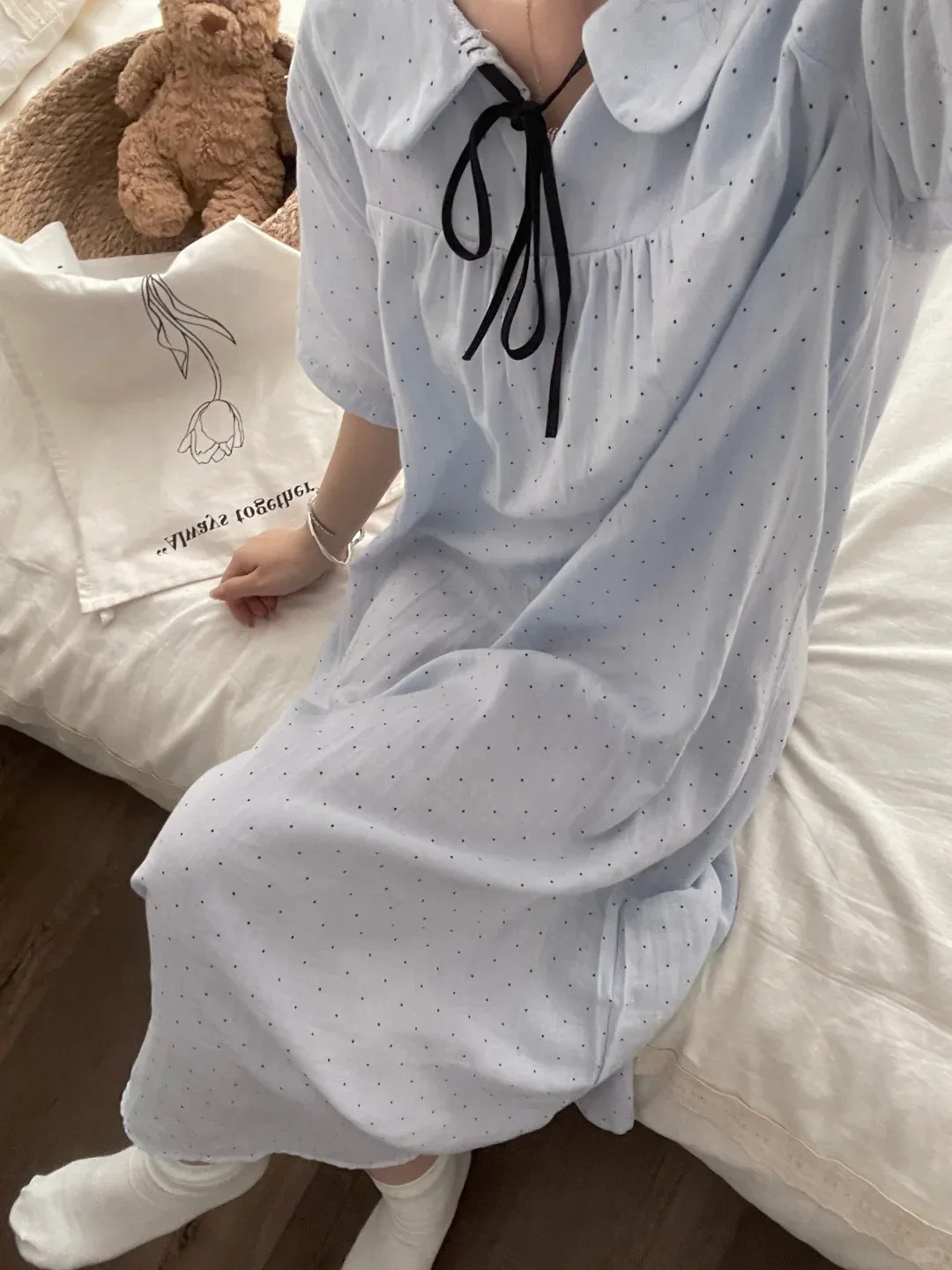 

Double Layer Cotton Gauze Baby Sleepwear Women's Style Summer Home Clothes Long Sleep Skirt Sweet Cute Style Short Sleeve