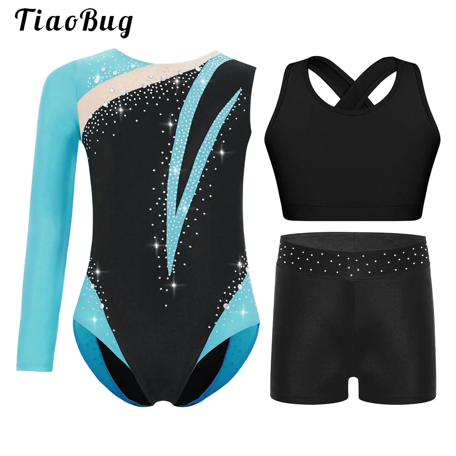 

Kids Girls Gymnastics Leotard Figure Skating Dance Bodysuit with Shorts Outfits Asymmetrical Long Sleeve Rhinestones Jumpsuit