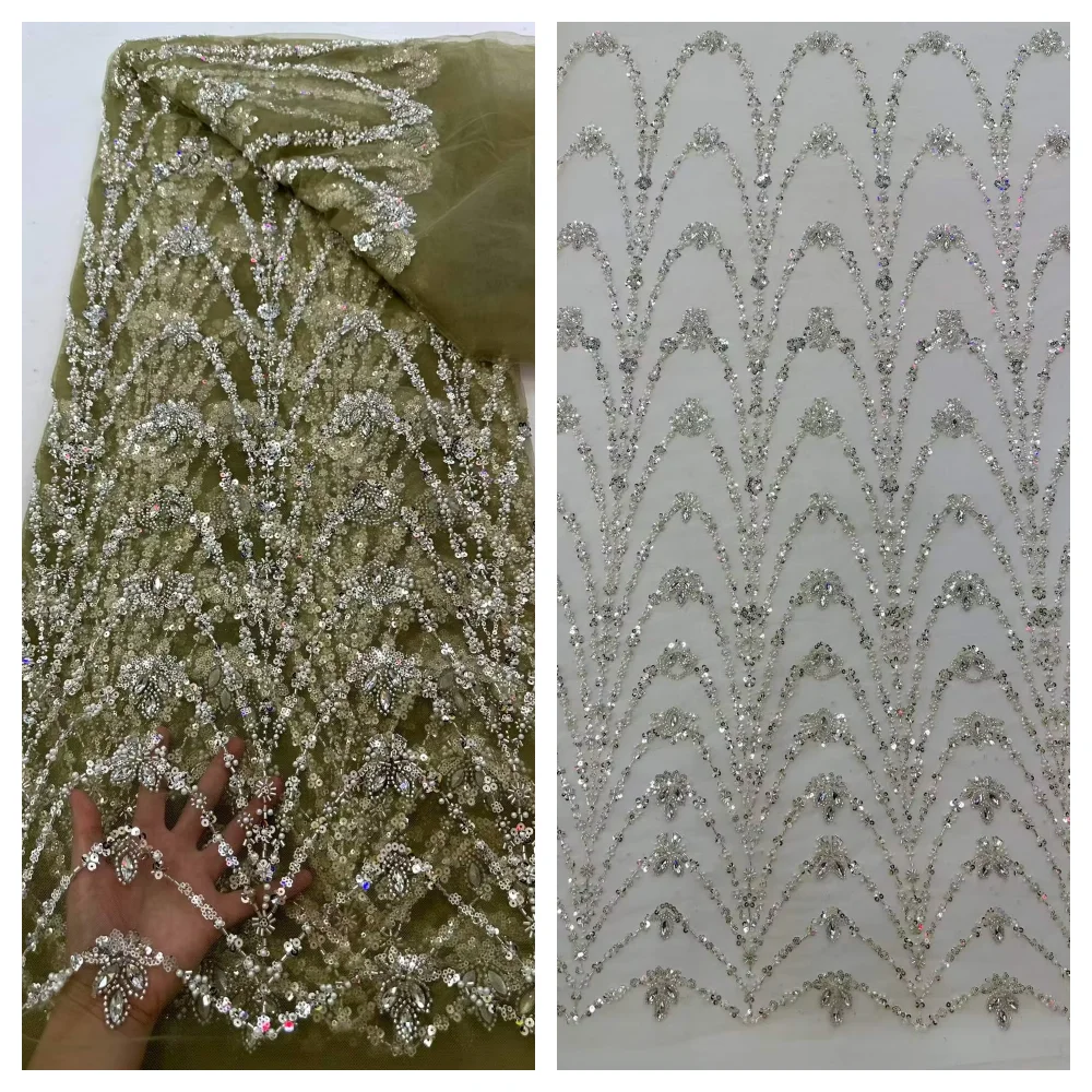 

2026 Wholesale African Sequins Beads Lace Fabric 5 Yards High Quality French Mesh Tulle Embroidery Wedding Bridal Lace