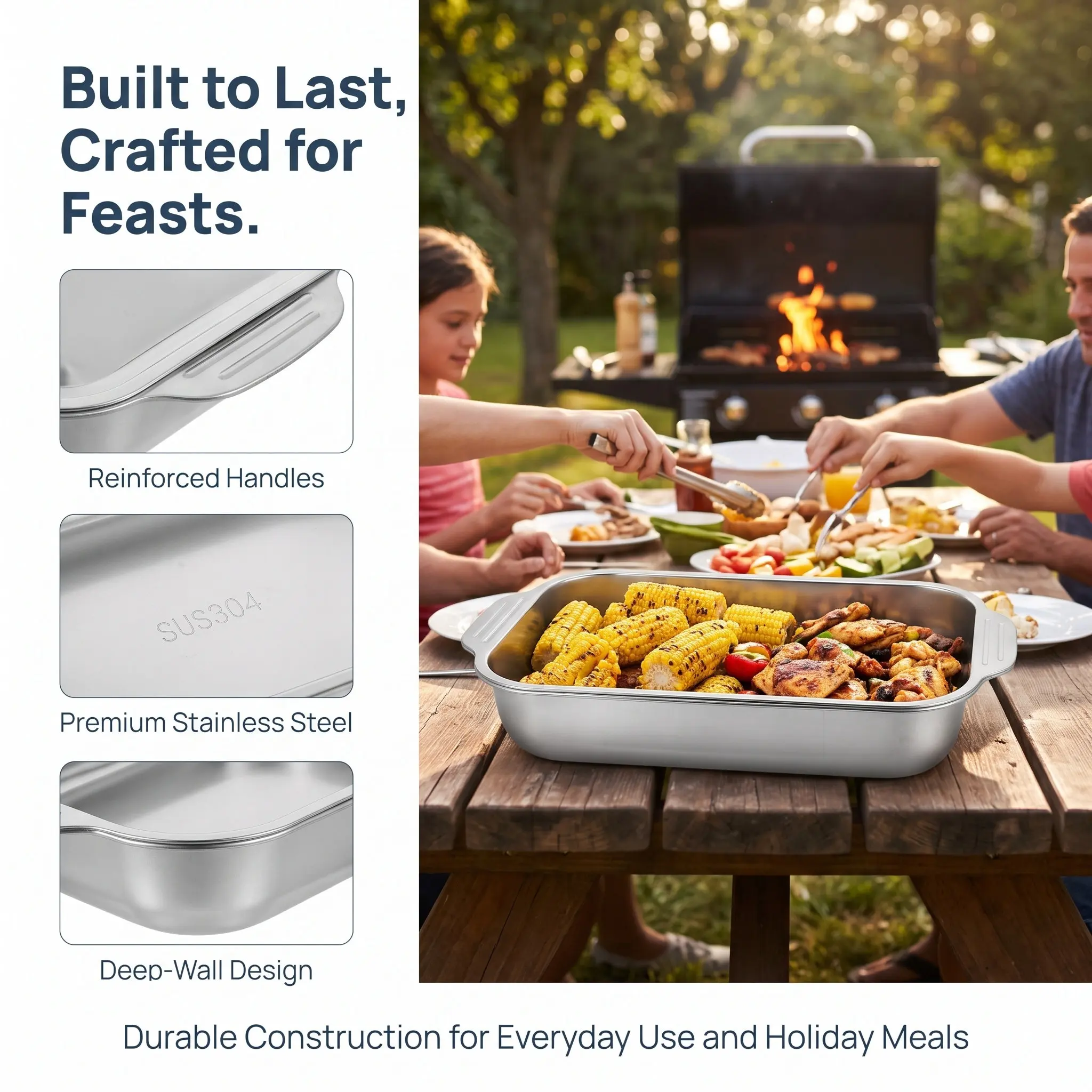 1Set Heavy Duty Stainless Steel Deep Rectangular Roasting Tray Ideal for Fish Grilling Roasting Baking Turkey and Casseroles