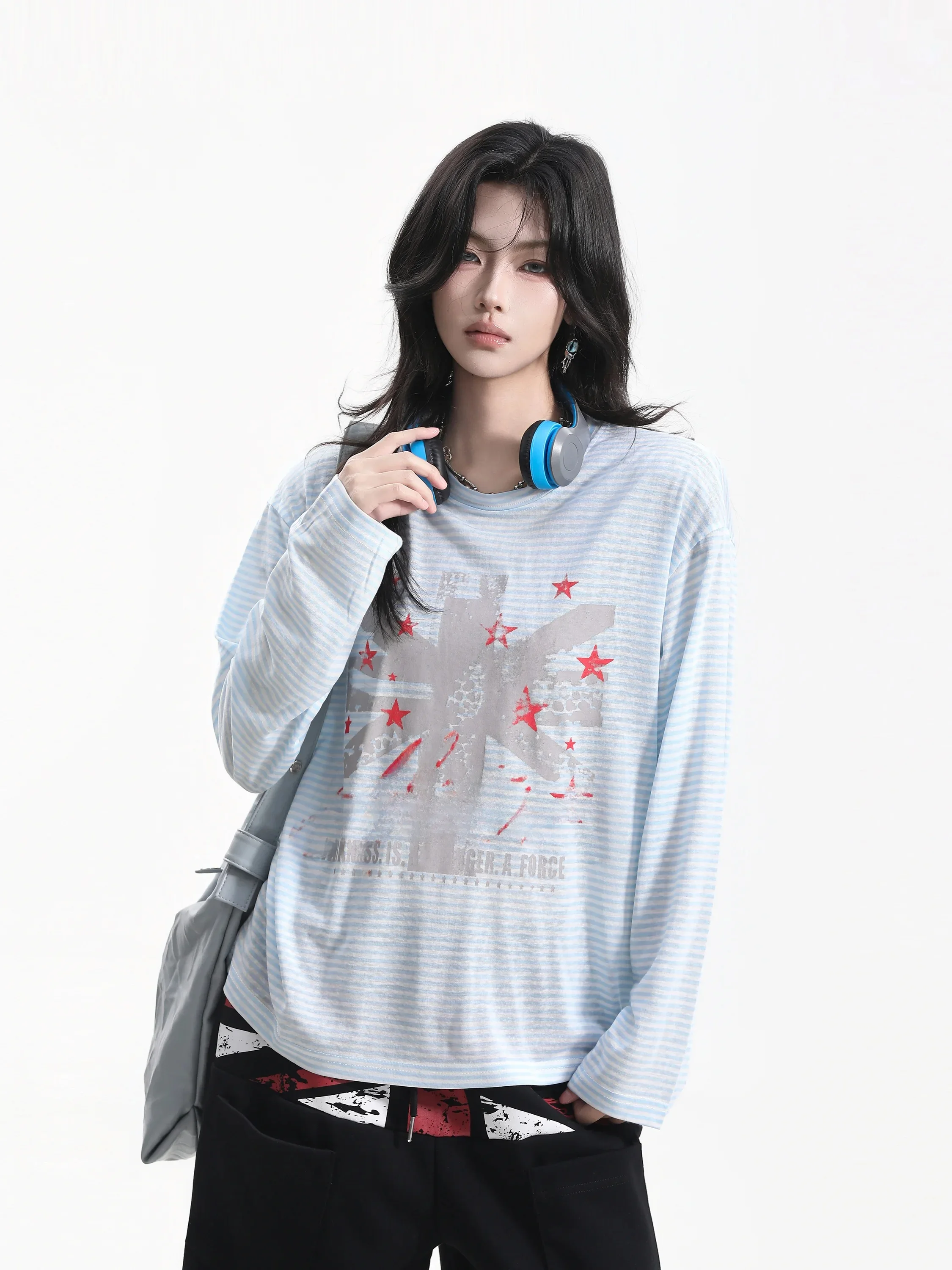 Loose Long Sleeve Women's T-shirt Breathable Printed American Striped Flag Casual Style round Neck Regular Length Couple's Co...