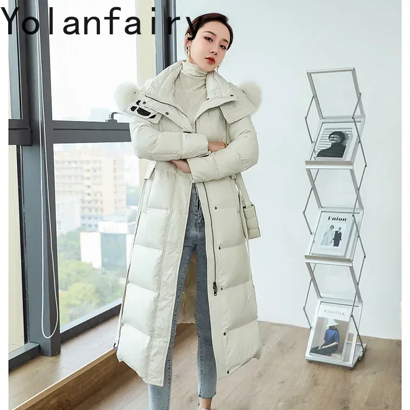 

90% White Goose Down Jacket Women Winter Long Down Coat Fox Fur Collar Down Coats Thick Elegant ackets Abrigo Mujer SGG