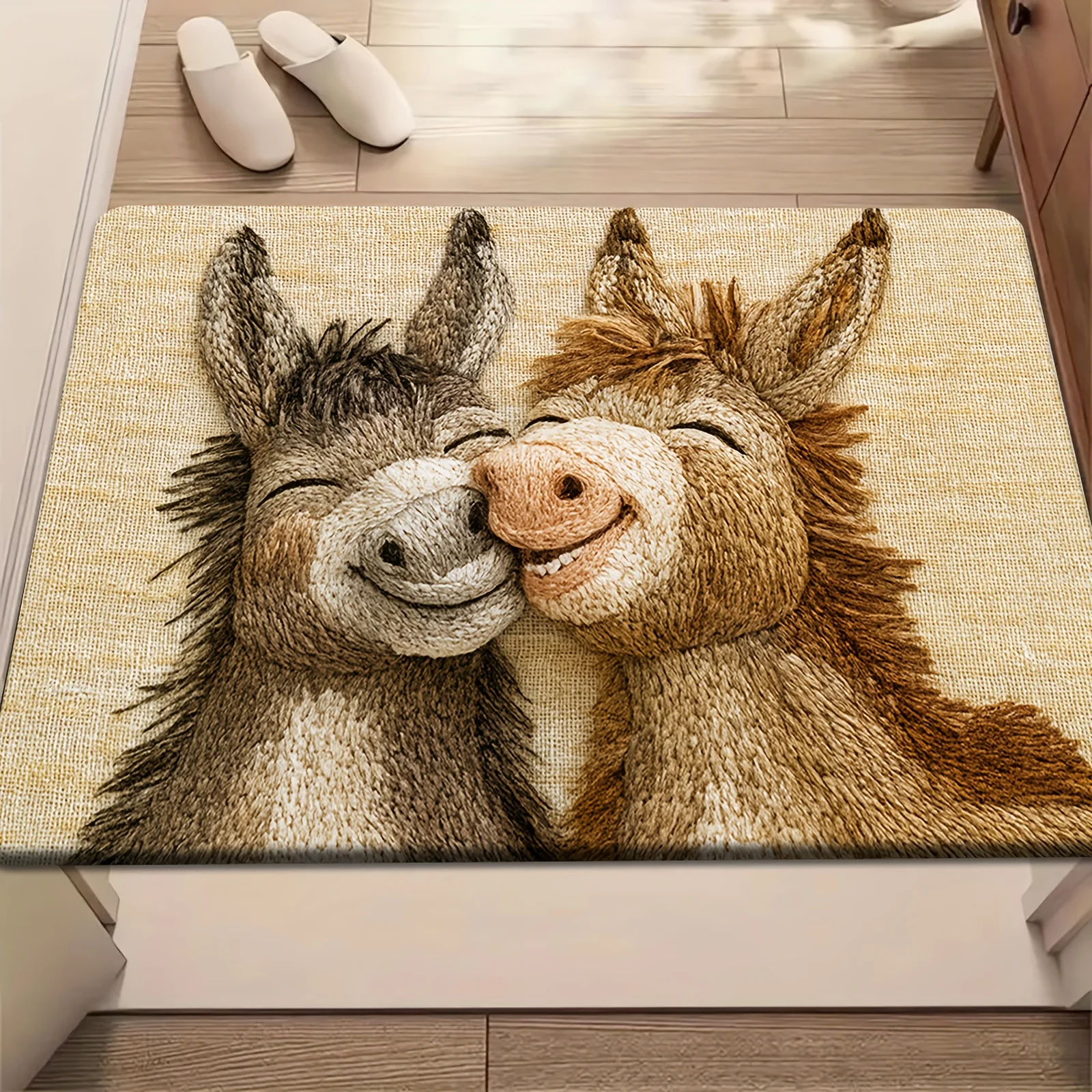 2D Flat Two Smiling Donkeys Hugging Beige Burlap Texture Flannel Door Mat Non Slip Funny Farm Animal Rug For Entryway Bathroom