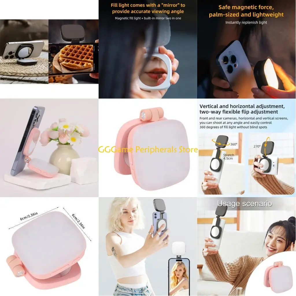 

U55B 360 Degree Rotating 5 Brightness Level Phone Camera Light with Makeup Mirror