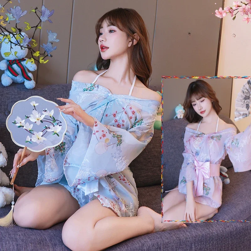 Sexy Japanese Kimono Bathrobe Gown Print Flower Mini Yukata Nightgown Intimate Lingerie Chiffon Yukata Uniform Temptation Womens