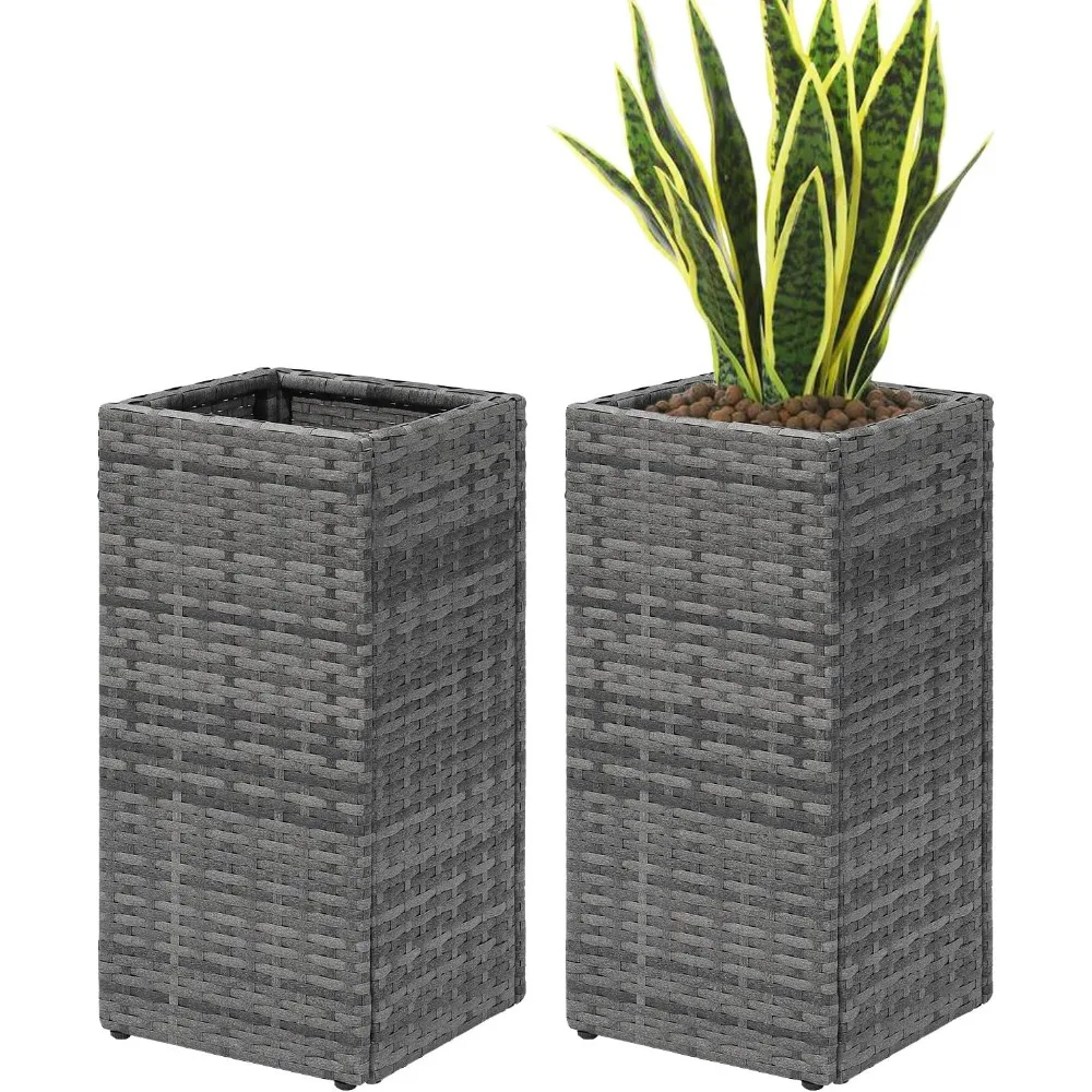 

2 Pack Tall Planters for Outdoor Plants Rattan Modern Tall Square Planter Box with Removable Liners Indoor Outdoor Porch Patio