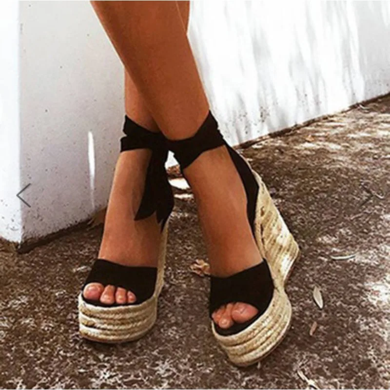 

Female Wedges Platform Lace Up Sandals Summer Large Size 34-43 Women Shoes Bohemian Solid Color Peep Toe Flock Female Sandalias