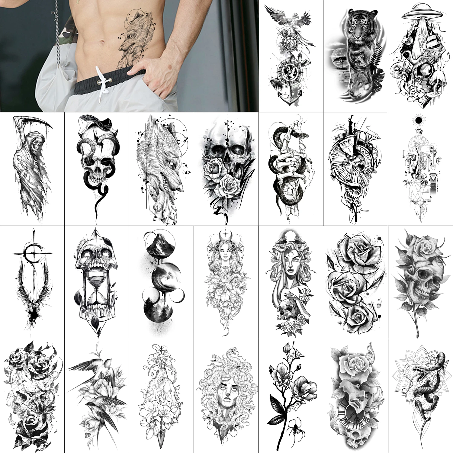 GLARYYEARS Temporary Tattoo, Large Realistic Long-lasting Fake Tattoos, Adults Men Women Skull Flower Snake Body Tattoos Sticker