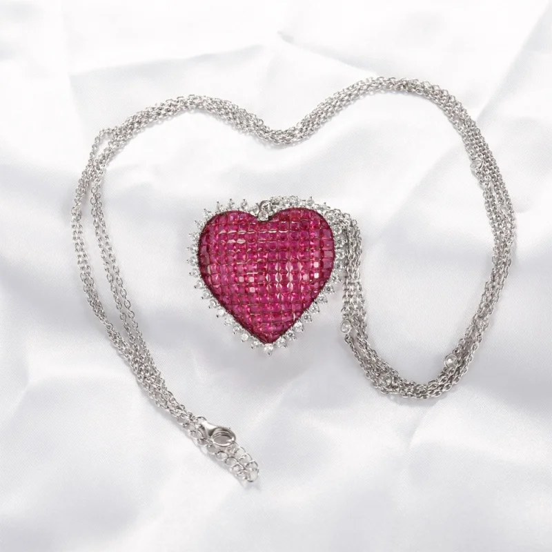 Double Chain Red Heart Shape Sterling Silver Necklace 18k Gold Plated Ruby CZ Diamond Necklace Women Wholesale Jewelry image 2