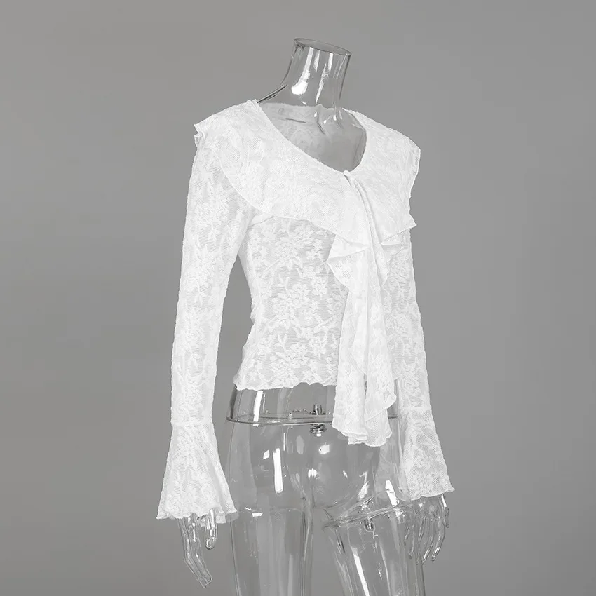 Blusa feminina branca de renda transparente, gravata longa, gola grande com babados, mangas sino, estampa floral, top curto feminino, camisa elegante