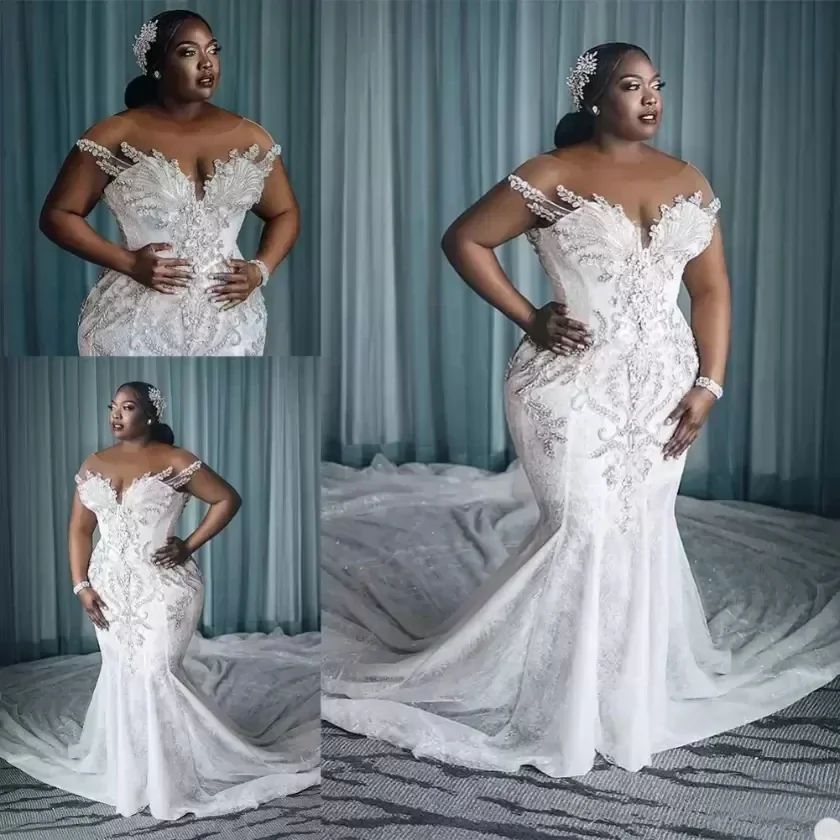 Maßgeschneidertes Hochzeitskleid in Übergröße, Vestido De Novia, afrikanischer Kristall, Meerjungfrau, Braut, langer Zug, transparenter Hals, maßgeschneiderte Brautmode