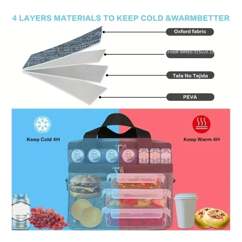 Isolierte Doppelschicht-Kühltasche - Große Kapazität Lunchbox für Frauen/Männer, auslaufsichere Picknick- und Schultasche mit verstellbarem Riemen – Detail 7