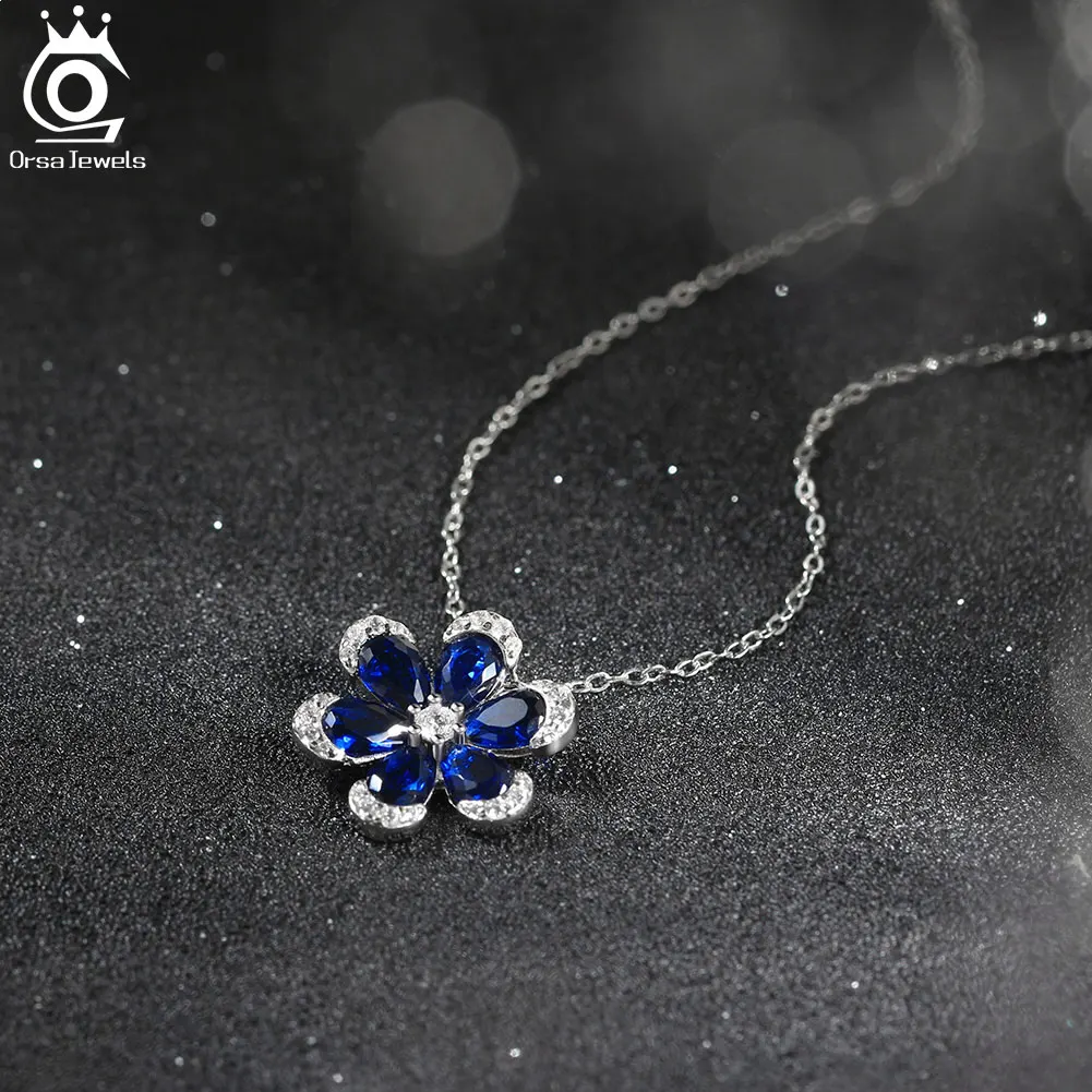 ORSA JEWELS Shiny Created Sapphire Flower Pendant 925 Sterling Silver 5A CZ Necklace Engagement Wedding Jewelry for Women LZN17