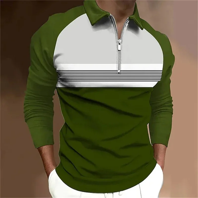 Men's long sleeved fashionable zipper lapel T-shirt, men's casual street fashion sports lapel top lapel T-shirt.