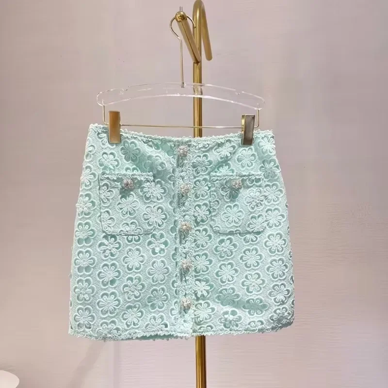 High Quality Women Two Piece Set 2024 Summer Mint Green Lace Suit Patchwork Floral Hollow Out Women Tops and Mini Skirt Set