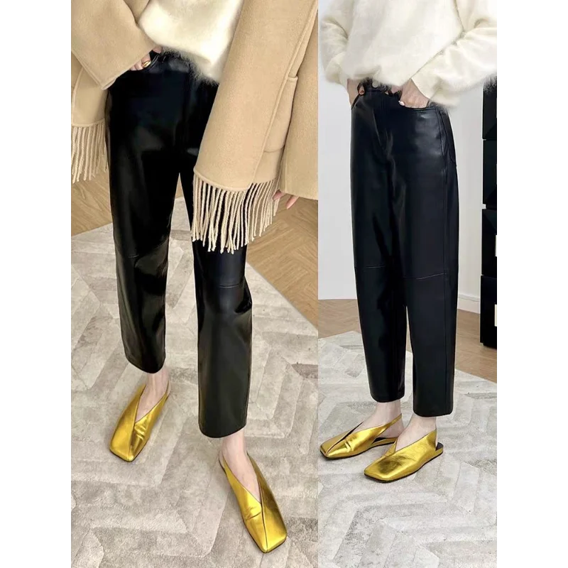 

Новые осенне-зимние женские прямые брюки из искусственной кожи с высоким уровнем, универсальные девятиточечные брюки с высокой талией для поездок на работу