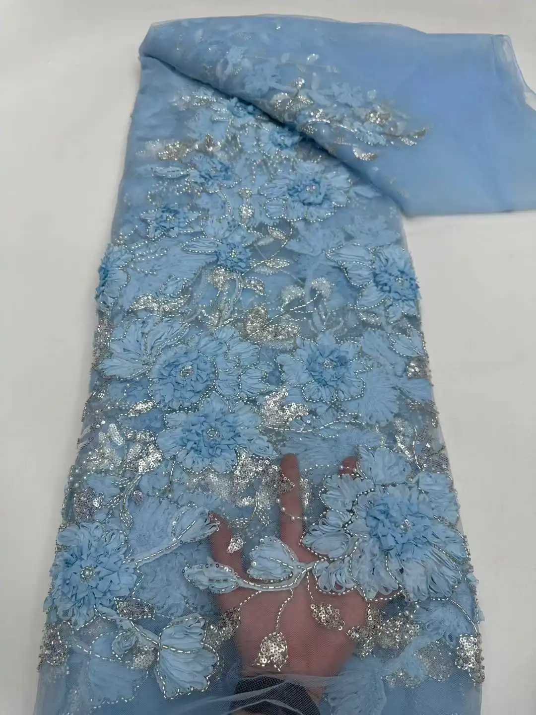 2025 High Quality African Fashion French 3D Flower Sequin Lace Fabric Beaded Embroidery Lace Fabric Ladies Dress Sewing TP1688