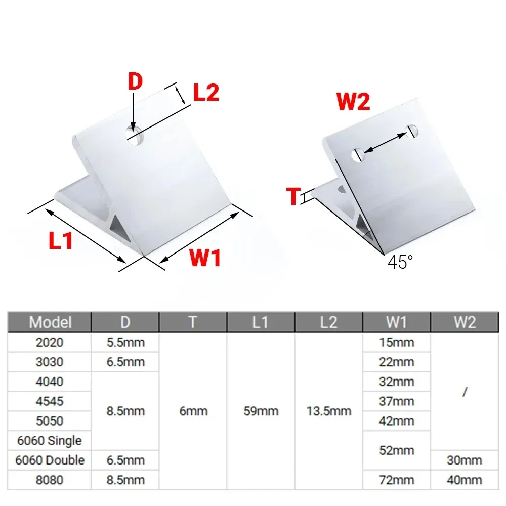 1Pcs 45 Degree Angle Corner Bracket - Aluminum Joint Connector for 2020 3030 4040 4545 5050 6060 8080 CNC V-Slot T-Slot Profiles