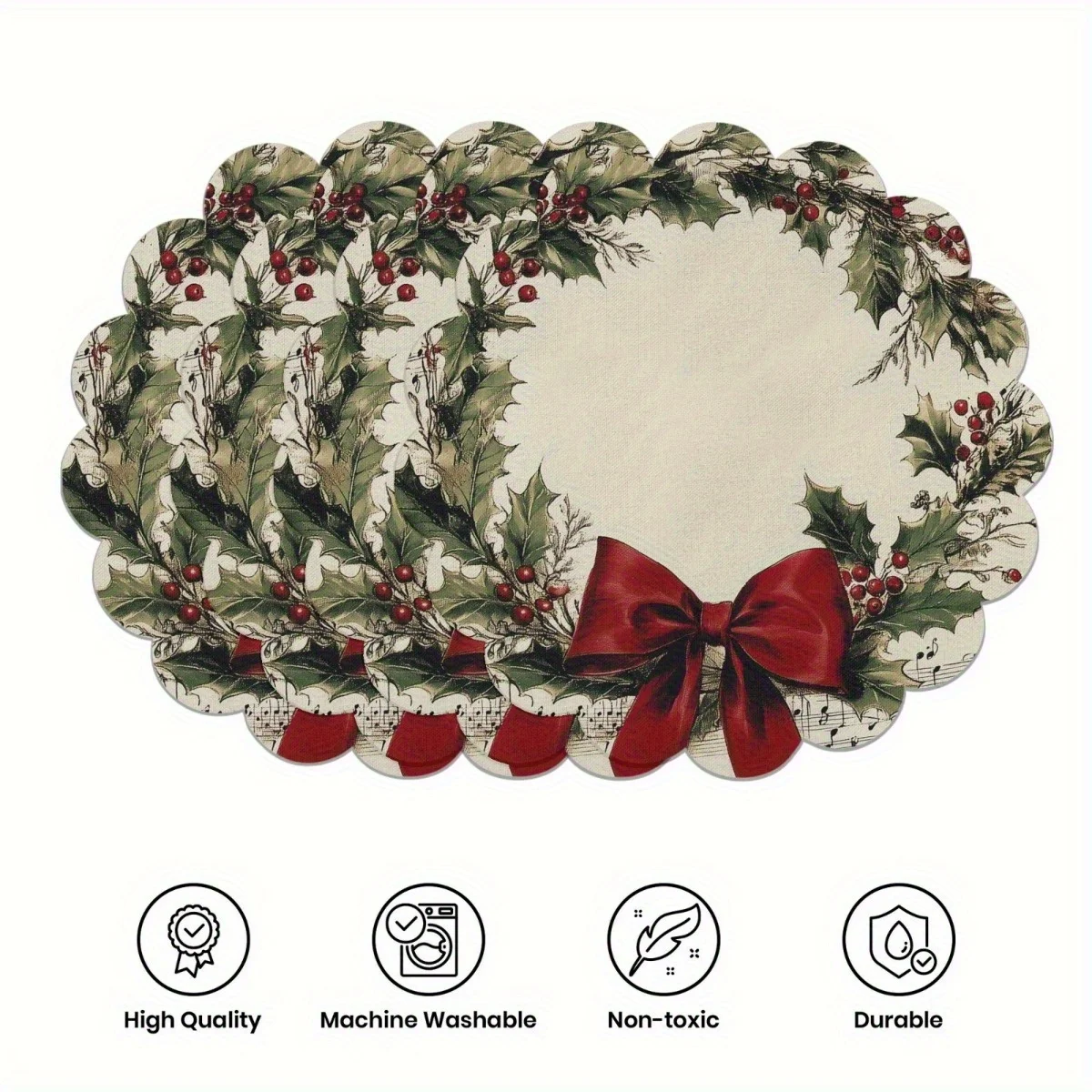 VIKAMA 4PC Christmas Holly Berry Mat Bow Note Wave Edge Table Restaurant Christmas Party Decoration