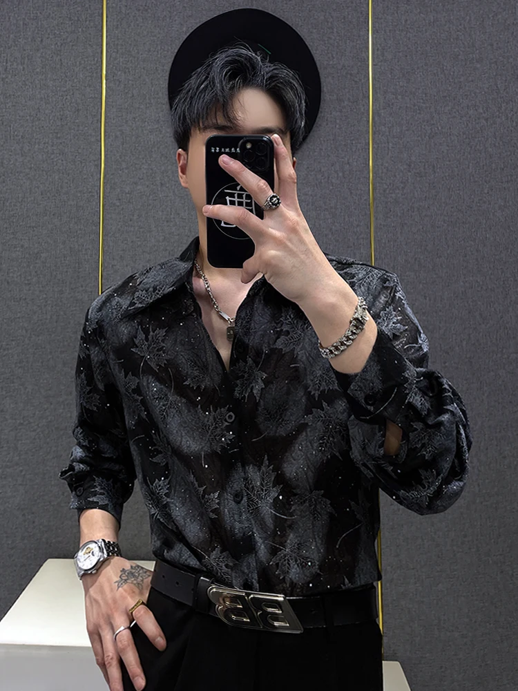 

Ele Gold Le Print Long Sve Loose Fit Men's irt Summer Thin Transparent Nightclub Sle Breathable Youth Faion