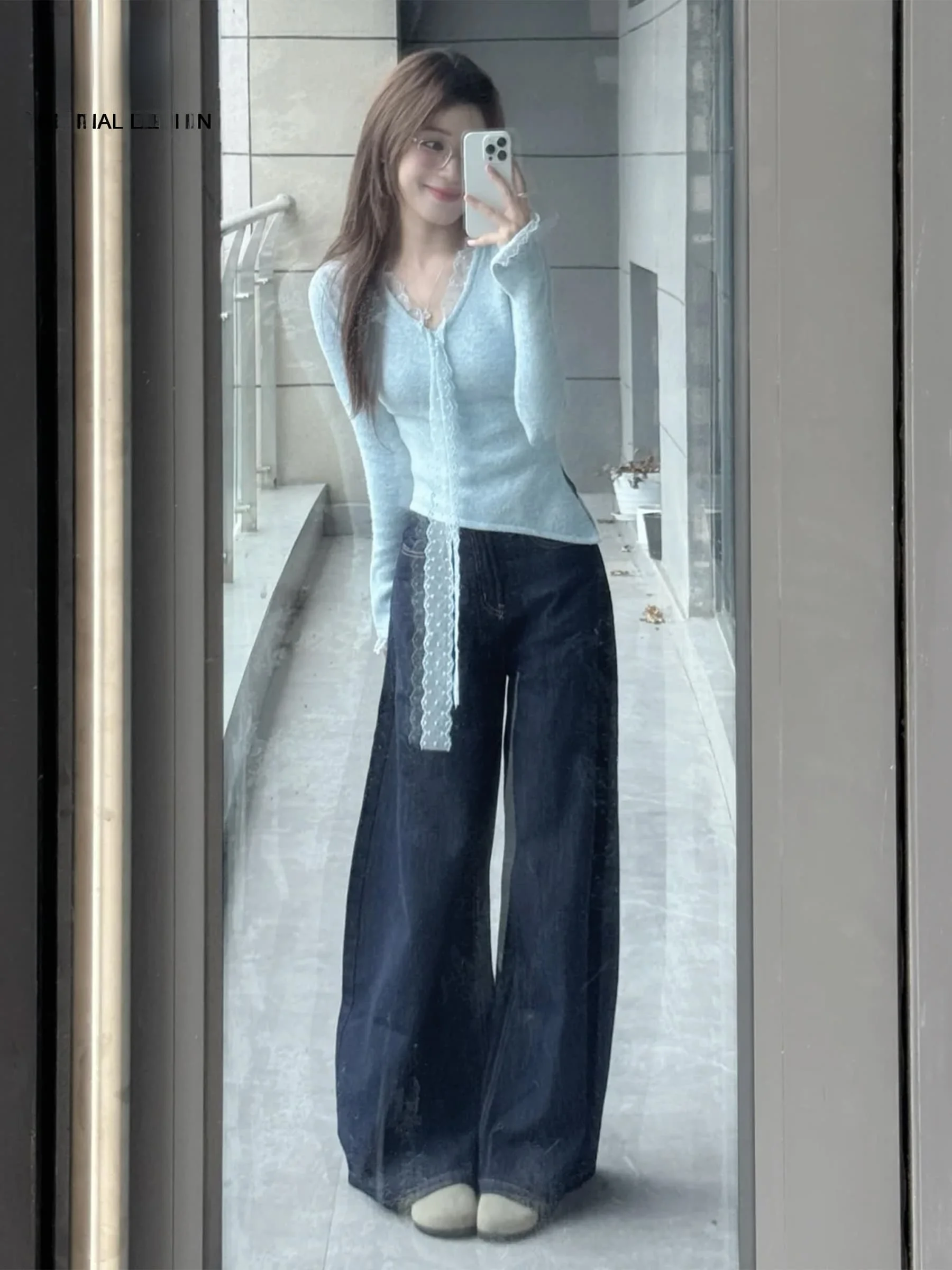 

American Style High Waist Wide Leg Denim Blue Jeans Women's Loose Slimming Summer Casual Straight Leg Pants Floor Length