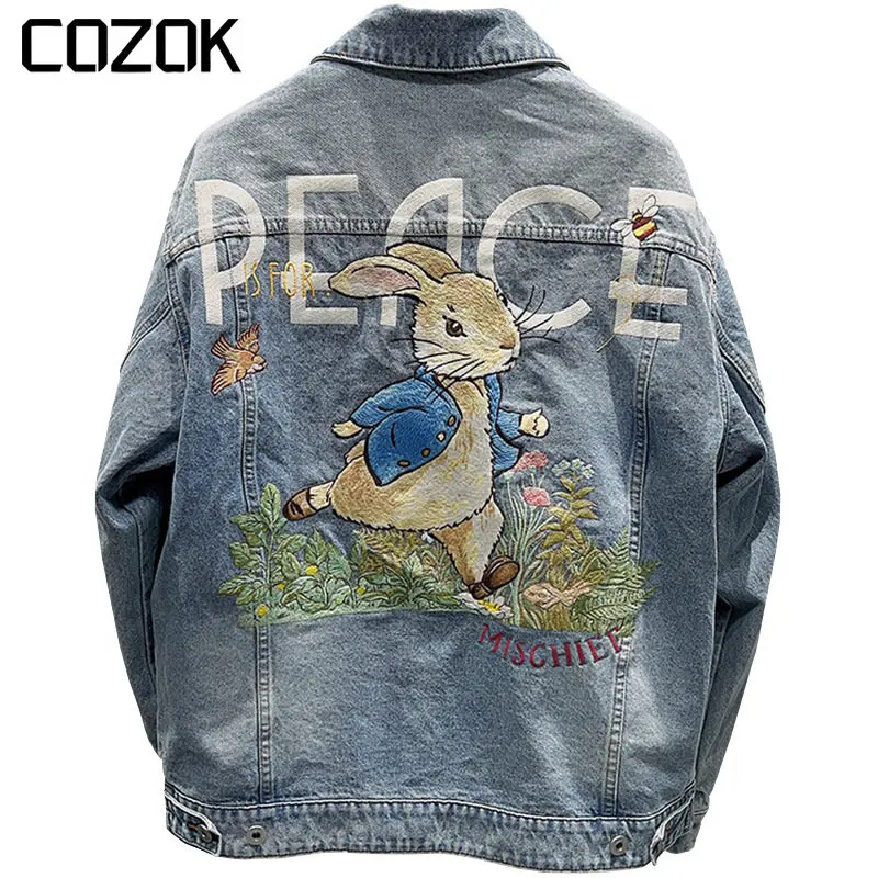 

2023 Spring Denim Jacket Men Rabbit Letter Embroidery Denim Coat Women Multiple Pockets Buttons Up Oversized Outerwear Clothes