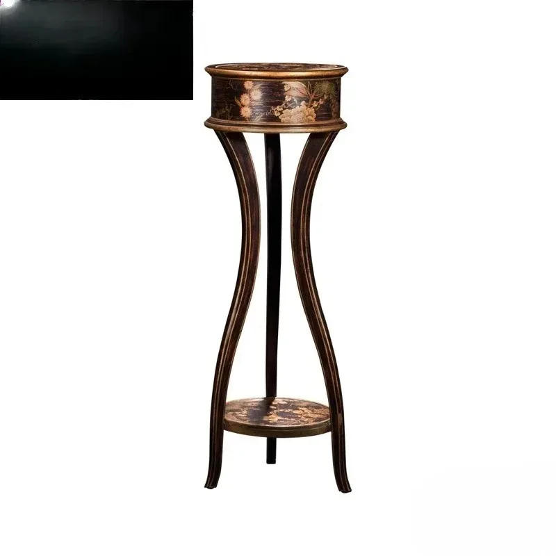 

French Chinese style retro solid wood flower painting black tall flower stand