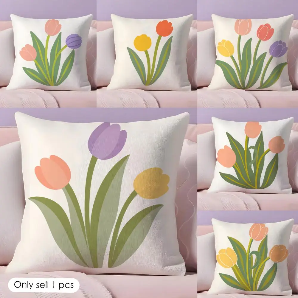 

Tulip Flower Cushion Cover Short Plush Soft Double-Sided Printing Pillow Case Cozy Sofa Bedroom Home Decor Gift