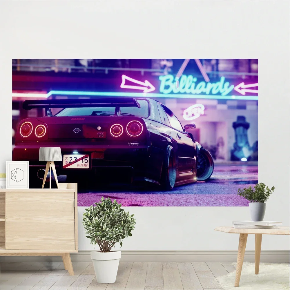 Car Tapestry GTR Pink Cherry Blossom Neon JDM Cool Room Bedside Wall Hanging