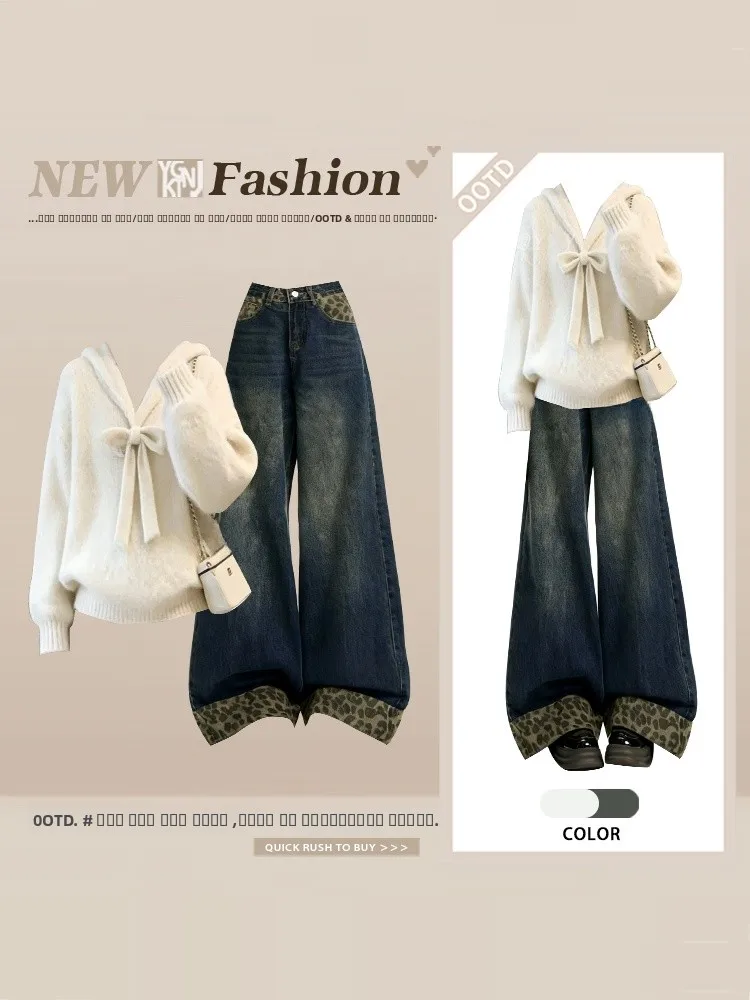 

Зимний комплект 2026: Женский вязаный свитер и джинсы с широкими штанинами, леопардовый принт, повседневный модный наряд для работы и отдыха