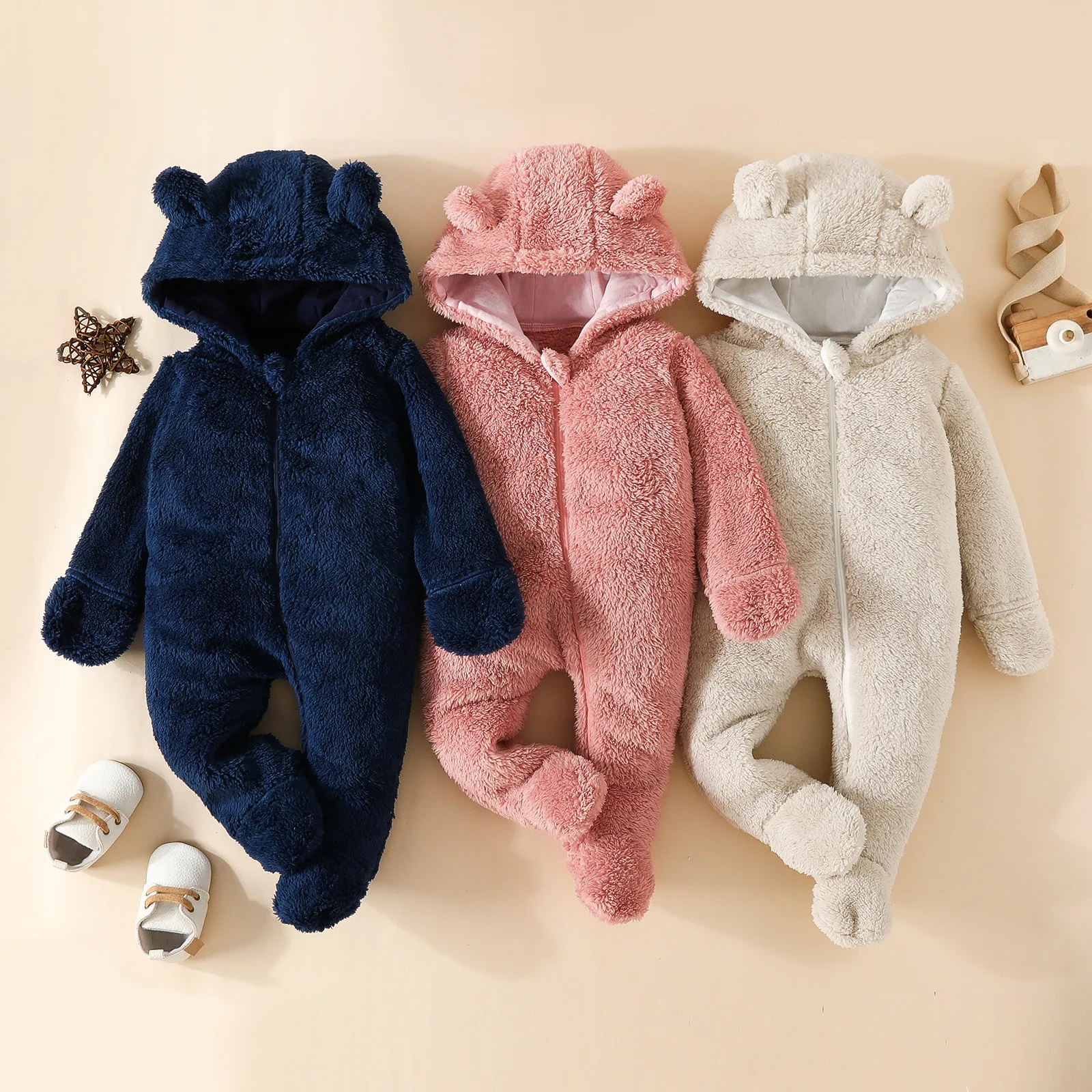 Cute Plush Bear Baby Rompers Toddler Girl Overall Jumpsuit Spring Autumn Hooded Zipper Baby Boys Romper Infant Crawling Clothing