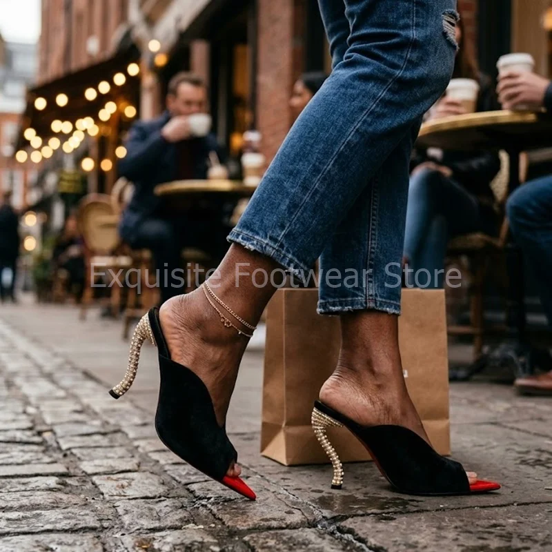 2026 New Arrival Breathable Hollow Black Red Crystal Pointed Toe Mules Stiletto Ultra High Heels Comfortable Big Size Ladies