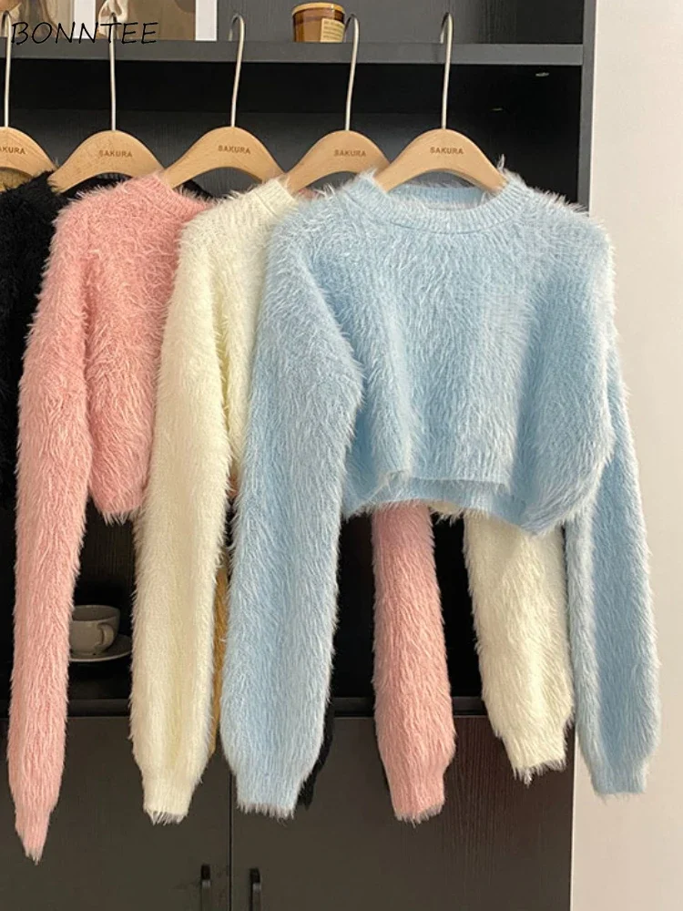

Cropped Pullovers Women Gentle Fluffy O-neck Knitted Sweater All-match Warm Autumn Winter Casual Ulzzang Fashion Sueter Mujer