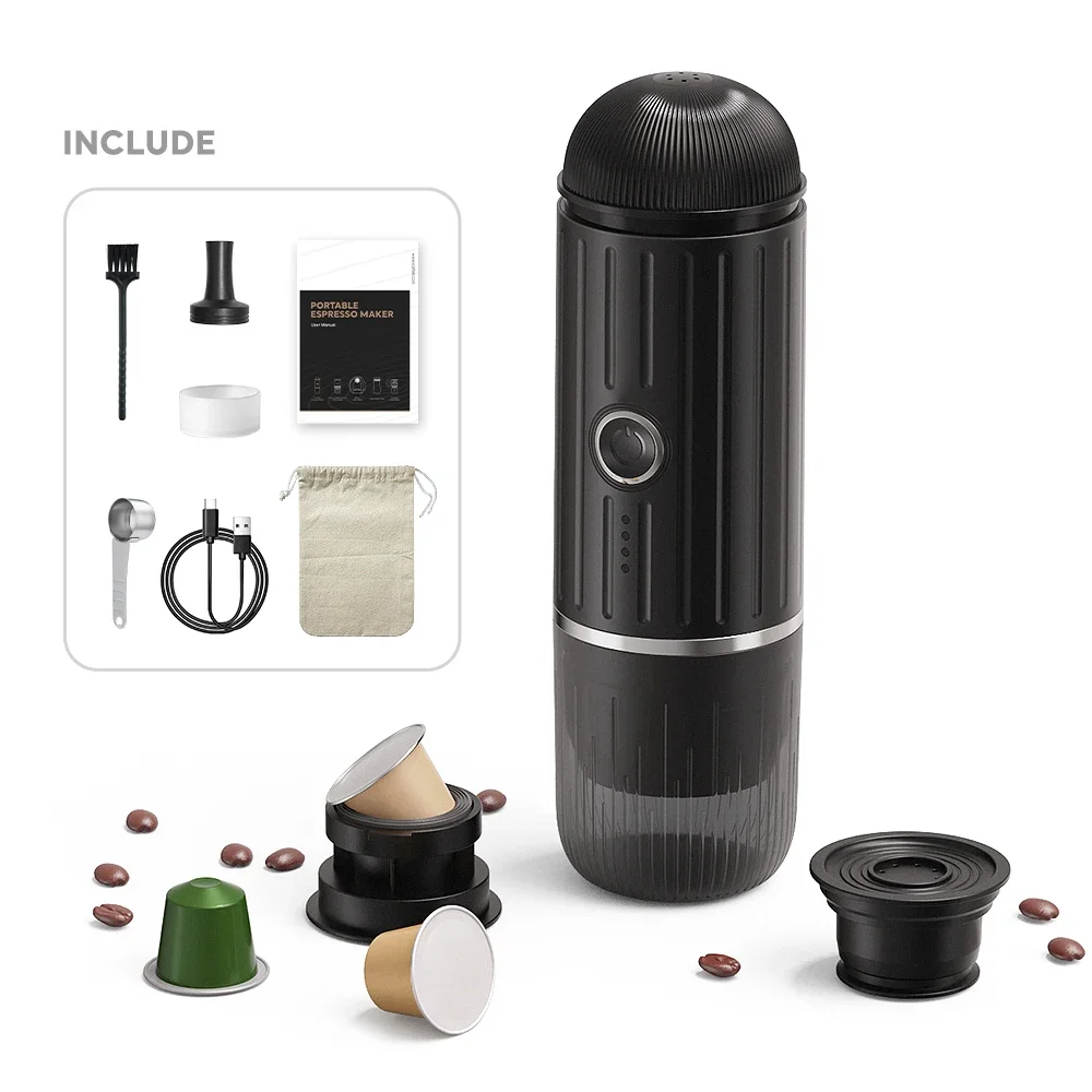 Portable 2-in-1 Espresso Machine 19 Bar Pressure Compatible with Capsules Or Ground Coffee Ideal for Kitchen Travel And Camping