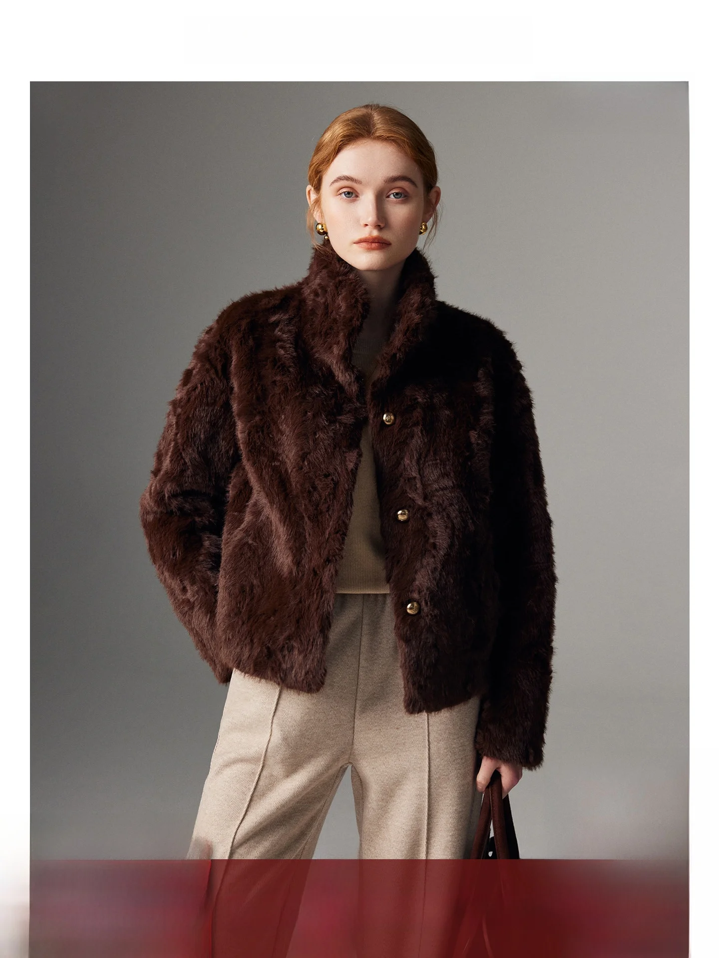 

Brown Leather Fur Inteated ort Coat Women's Stand Collar Eco-friendly Little Lake eepskin Coat Commute Sle Thiened ...