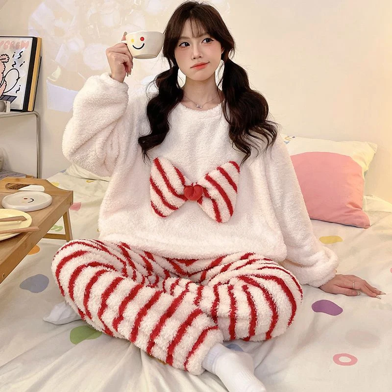 2024 Winter Long Sleeve Thick Warm Flannel Pajama Sets for Women Cute Cartoon Coral Velvet Sleepwear Suit Homewear Home Clothes image 6