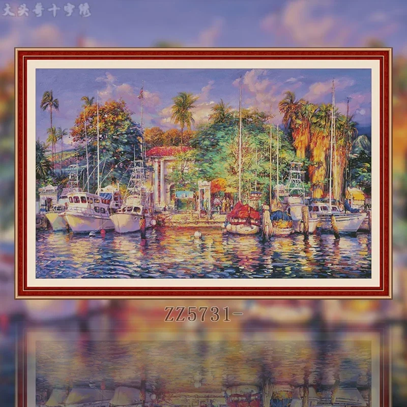 Stamped Cross Stitch Kit 14CT 16CT Pre Printed Canvas Cotton Threads DIY Embroidery for Home Wall Decor[ZZ5731-Colorful Harbor]