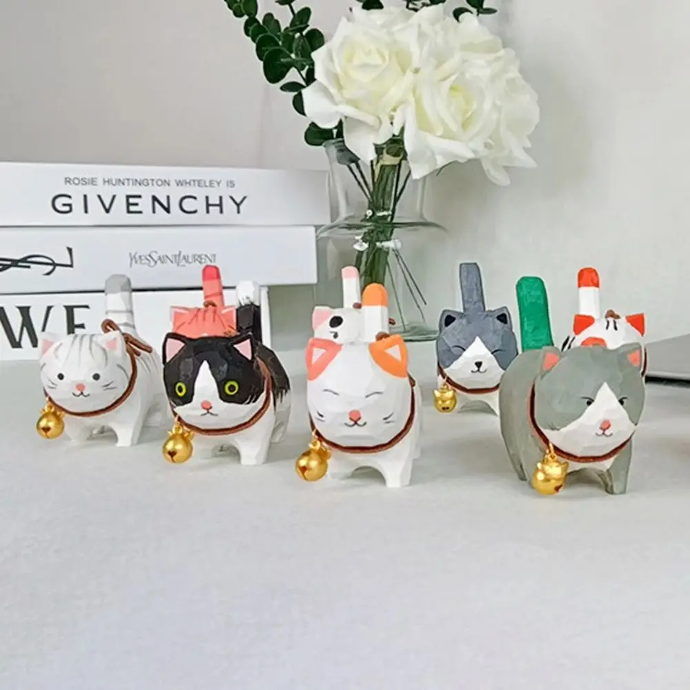 Bell Cat Wood Carving Cat Ornament Handmade Simple Style Painted Cartoon Cat Sculpture Solid Wood Small